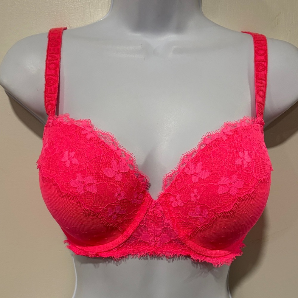Victorias Secret Dream Angels Coral Hot Pink w/ Lace Demi Bra Size 32 DDD